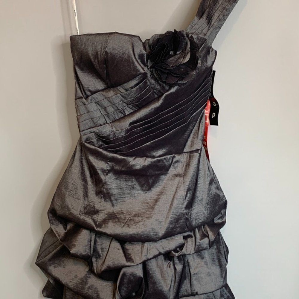 Snap One Shoulder Bubble Skirt Silver Metallic Dress